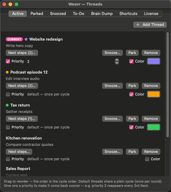 The thread list with colors, priorities and next steps