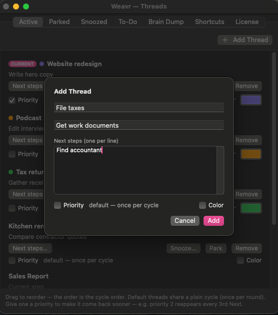 Adding a thread with its next steps